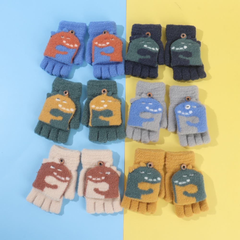 50g Weight Dinosaur Pattern Men'S Gender Cartoon Style Style Grey, Beige, Green, Blue, Yellow Color One Size Size Autumn And Winter Thickened Warm Knitted Children's Clamshell Gloves 无