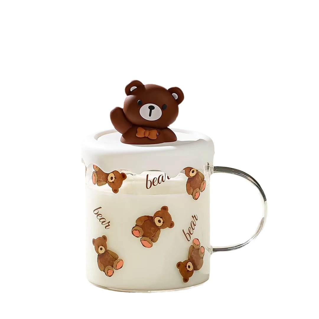 Creativo de dibujos animados Oso de vidrio con tapa de alto aspecto lindo regalo de mano taza de bebida simple taza de oficina