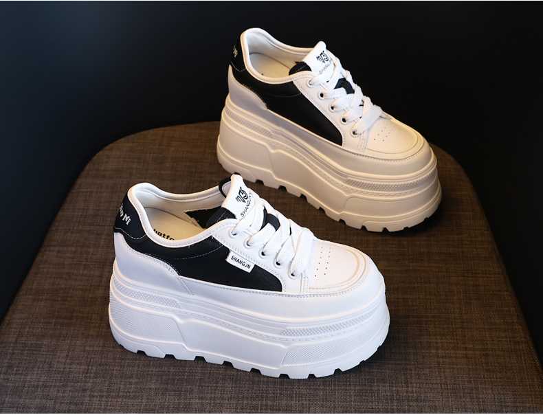 Giày sneaker nữ đế dày tăng chiều cao phong cách đơn giản — Đen trắng chi tiết 5