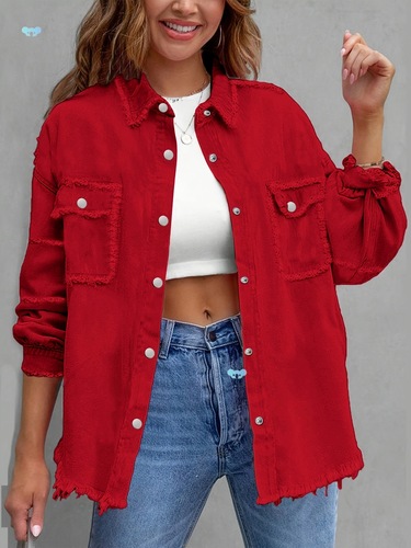 Women's Simple Daily Long Sleeved Fringed Denim Jacket Loose