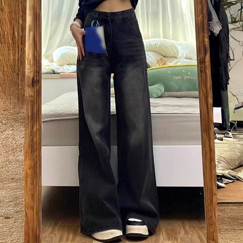 Foreign trade black gray straight leg jeans for women with high waist loose slimming and draping wide leg pants for winter 2026 new style