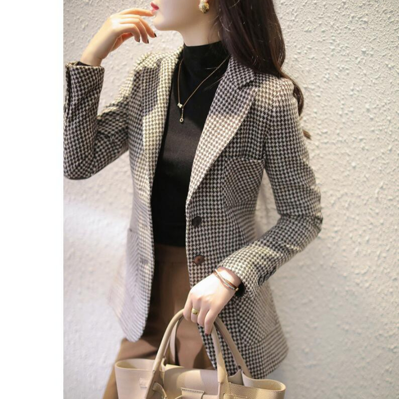 British-style Suede Stitching Houndstooth Slim-fit Slimming Suit Women's Wool Thickened Small Suit Workplace Jacket