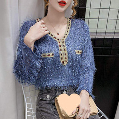 Women's 2025 autumn new fairy lace spliced ​​shirt to make you look slim and versatile neck tassel top for women