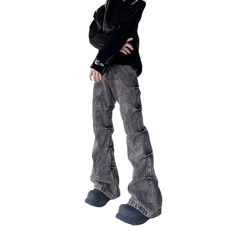 American High Street Vintage Worn-out Earth-tone Washed Pleated Flared Jeans Men's Wide-leg Trendy Long Pants_mkmklike.com