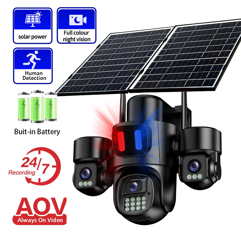 HiEasy alerta de tres lentes cámara de vigilancia solar HD al aire libre visión nocturna de largo alcance cámara AOV 4G