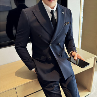 Ready-Made Double-Breasted Men's Suit, High-End Slim Business Three-Piece Suit, Men's Casual Suit