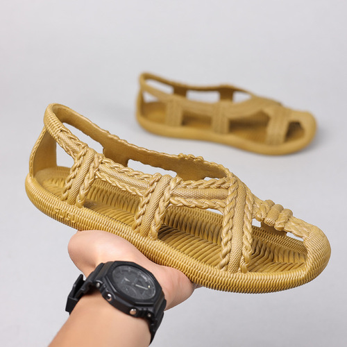Summer Retro Hand-woven Soft Sole Breathable Non-slip Sandals Rubber Vine Grass Shoes for Men and Women