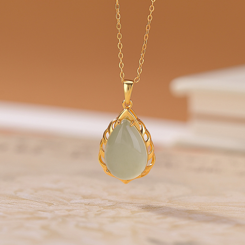 Mặt dây chuyền bạc S925 mạ vàng đính ngọc Hotan hình giọt nước phong cách thanh lịch — Kiểu 2 (không bao gồm chuỗi)