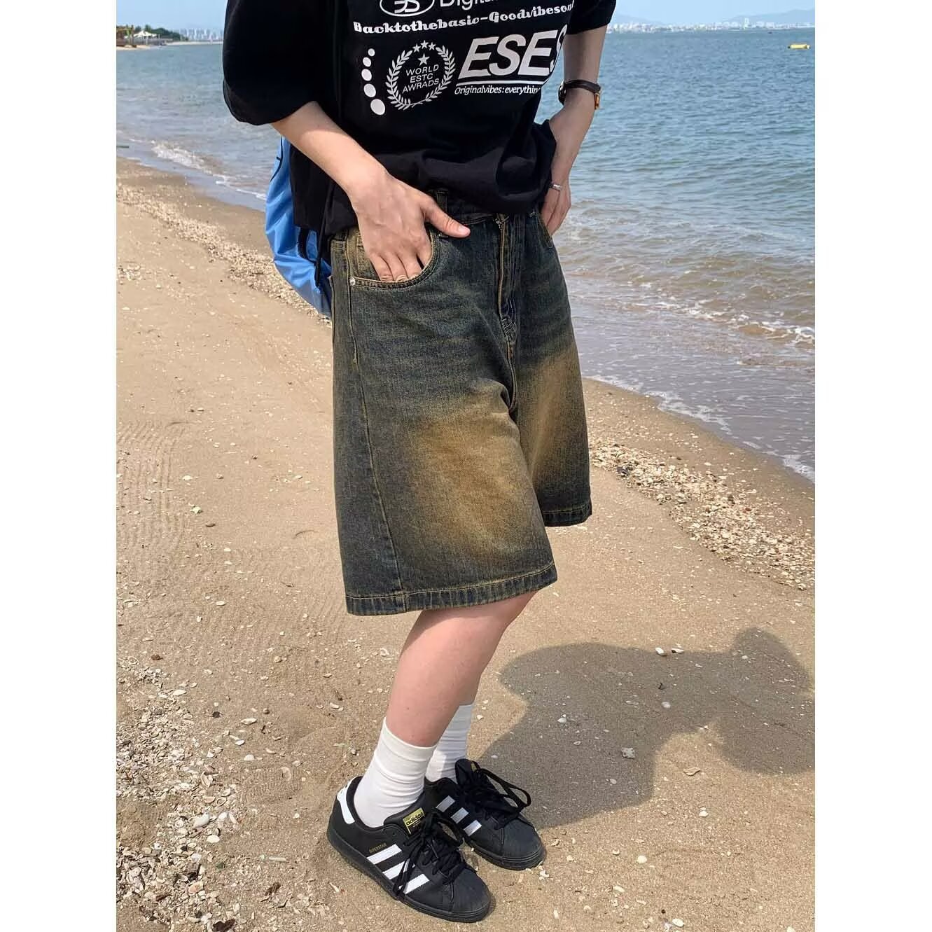 潮流文艺美式复古牛仔中裤日系慵懒简约新款无品牌流行原宿ins