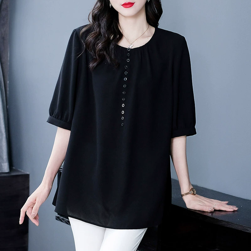 Модная женская летняя шифоновая рубашка больших размеров с короткими рукавами и пуговицами для мам среднего и пожилого возраста, топ