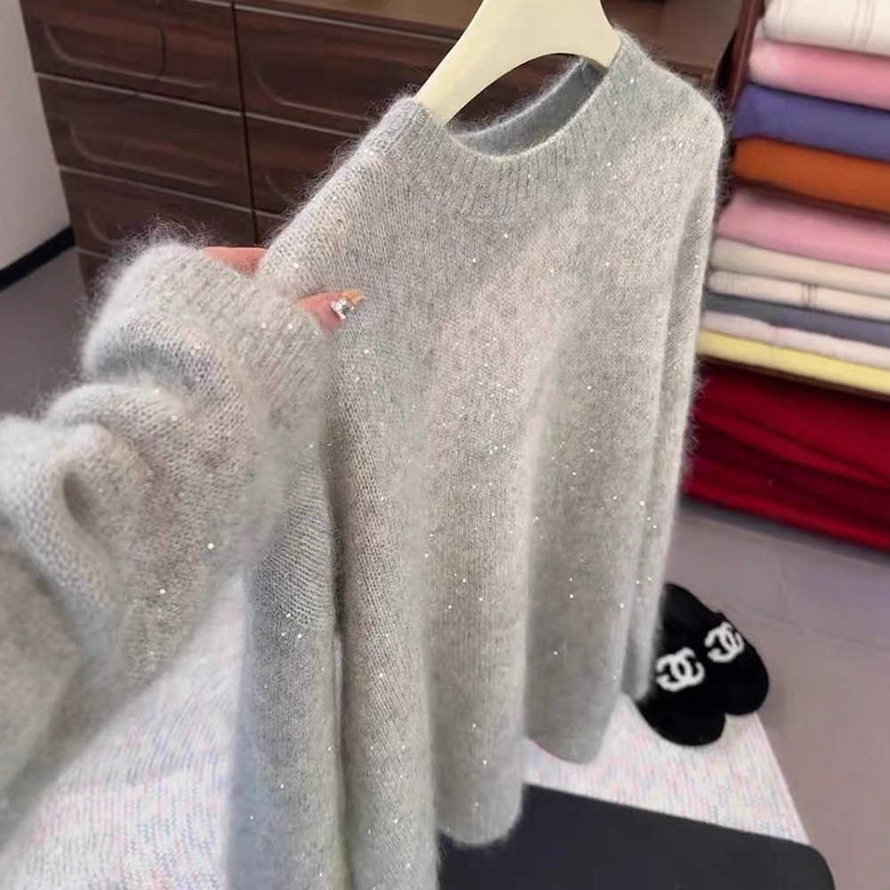 French Gentle Style Gray Sequin Bottoming Shirt for Women 2025 New Autumn and Winter Elegant High-Quality Sweater