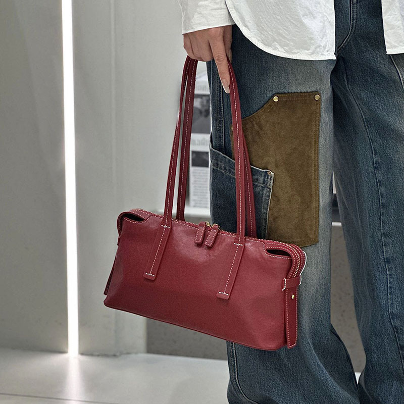 2026 New Genuine Leather Retro Baguette Bag For Women Soft Leather Shoulder Underarm Bag Large Capacity Commuter Tote Handbag - Thumbnail 3