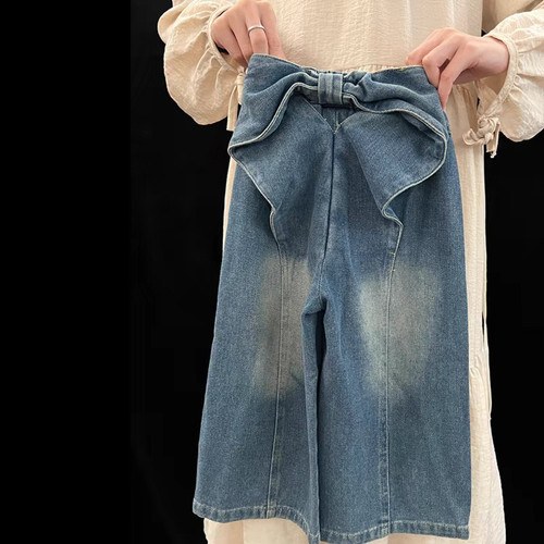 Cream-Colored Spring Denim Jeans 2025, Korean-style Chic Kids' Fashion with Designer Bow, Straight-Leg Wide-Leg Pants