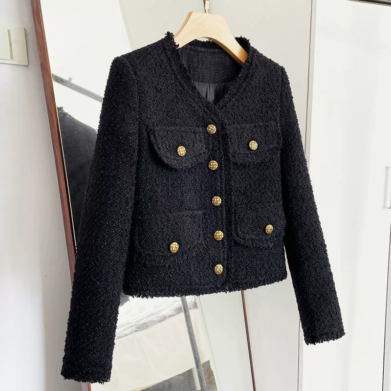 Черная короткая осенняя куртка, тонкая длинная рукав, стиль Chanel, городской стиль