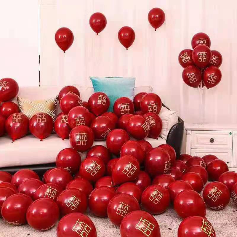 批发婚庆用品网红喜字单层石榴红气球10寸1.8g加厚宝石红气球