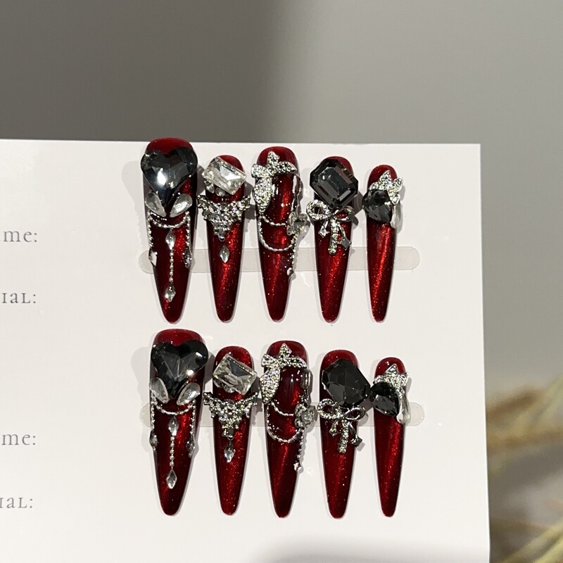 Purely Handmade Wearable Nails, High-End Autumn and Winter Burgundy Cat-Eye Long Manicure Patches, European and American Heavy-Duty Fake Nail Patches Purely Handmade Wearable Nails, High-End Autumn and Winter Burgundy Cat-Eye Long Manicure Patches, European and American Heavy-Duty Fake Nail Patches