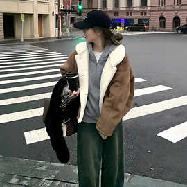 露思同款皮毛一体羊羔毛外套女2025冬季新款韩系宽松连帽毛毛外套