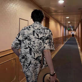 夏季宽松短袖碎花衬衫男女古着vintage中式港味设计感复古衬衣潮