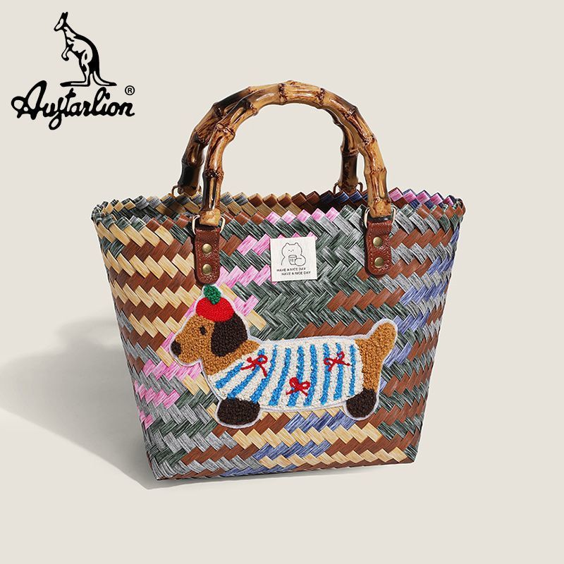 Augtarlion 手作り漫画織物野菜バスケットかわいい刺繍子犬織物多用途ハンドバッグ収納袋|undefined