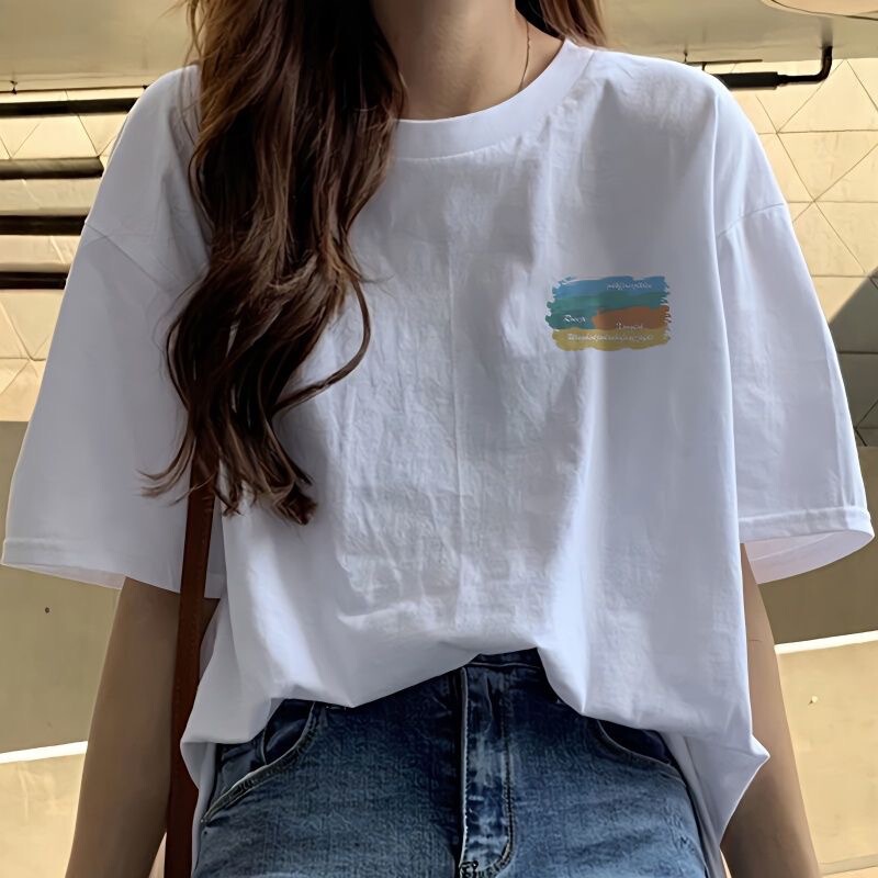 2024 new T-shirt women's short-sleeved white printed summer round neck top short-sleeved T-shirt trendy all-match base