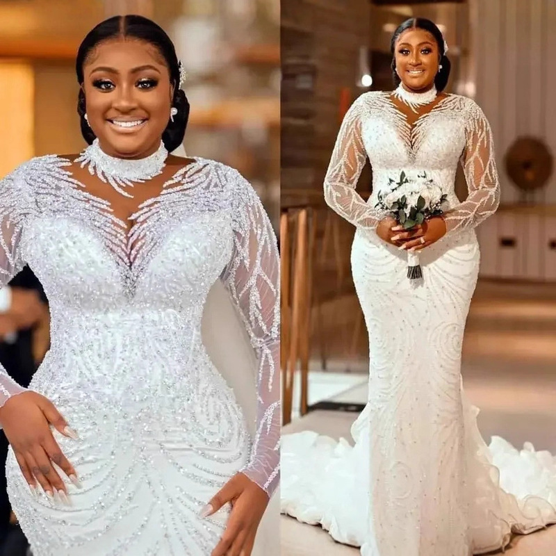 Cross-Border European and American Bridal High-End Wedding Dress, Slim-Fitting, Figure-Flattering, White Long-Sleeve Mermaid Floor-Length Wedding Gown Cross-Border European and American Bridal High-End Wedding Dress, Slim-Fitting, Figure-Flattering, White Long-Sleeve Mermaid Floor-Length Wedding Gown