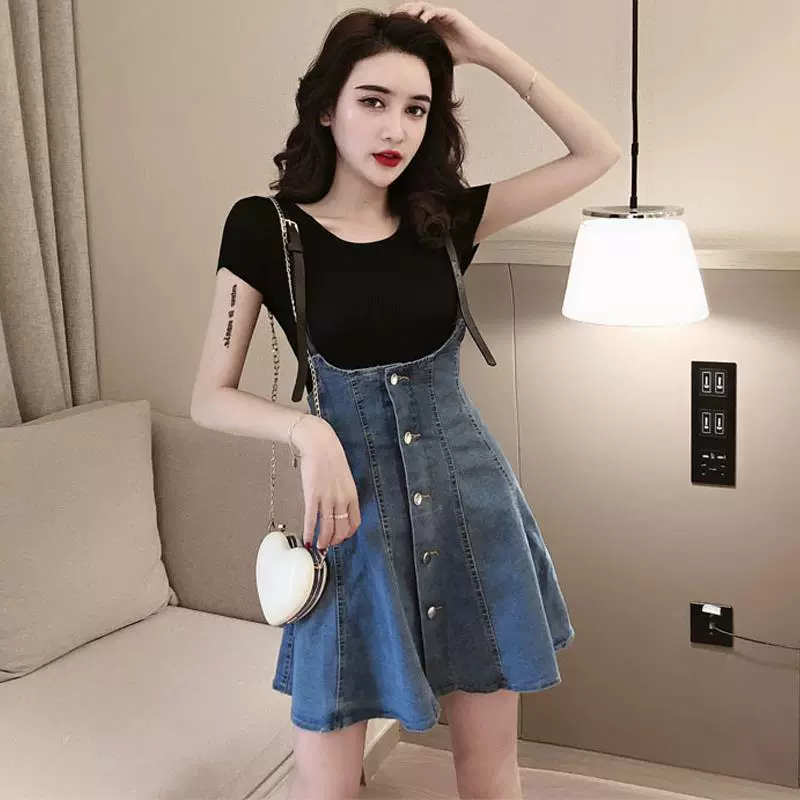 2025 новая летняя корейская стильная свободная плиссированная джинсовая юбка с рюшами, повседневная юбка на подтяжках, модная юбка на подтяжках