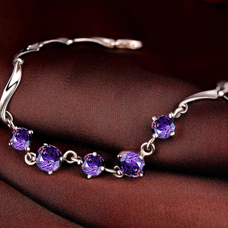 扭片手链热销纯银手链紫色镶钻蓝色宝石欧美时尚气质送礼首饰
