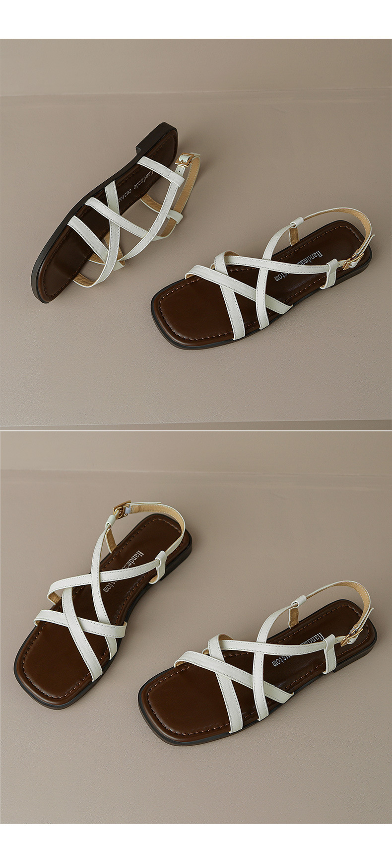Dép sandal nữ xỏ ngón đế bệt da bò dệt hở mũi phong cách La Mã — Màu nâu chi tiết 8