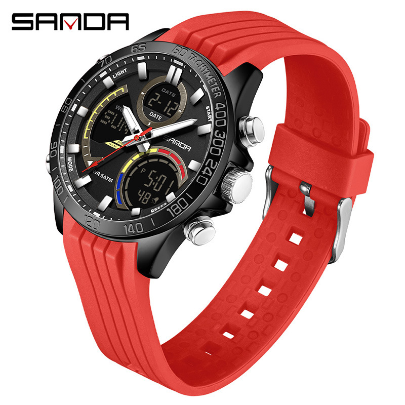 SANDA moda doble pantalla reloj electrónico para hombres multifuncional gran dial reloj de estudiantes de luz nocturna reloj de pulsera