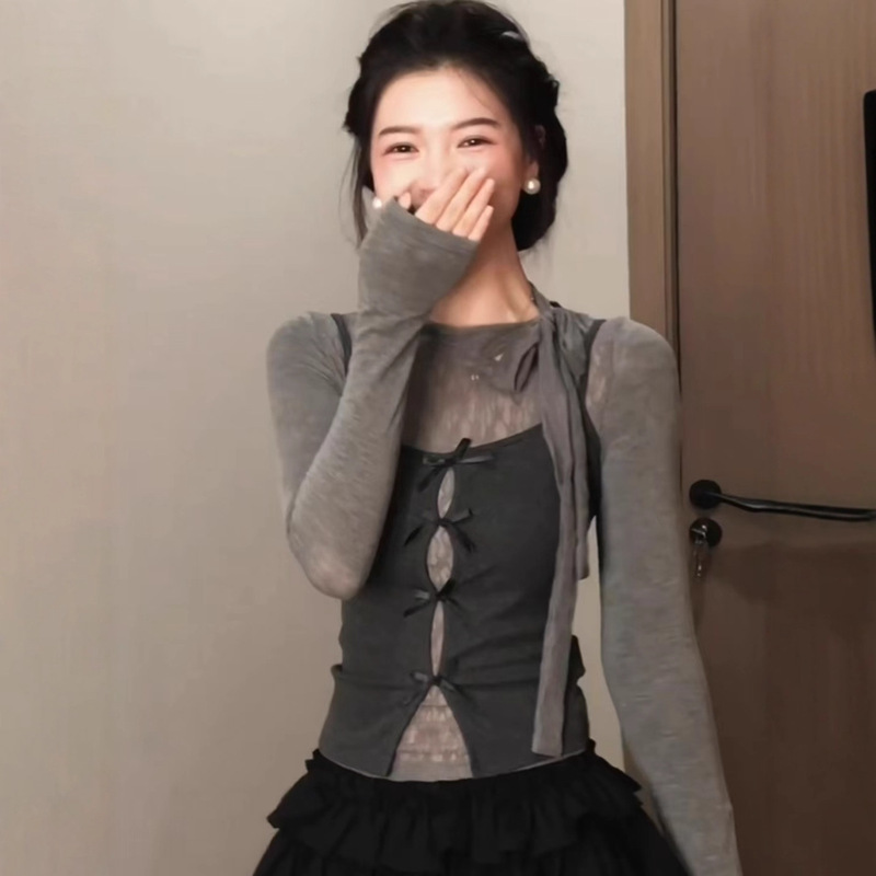 灰色辣妹蝴蝶结真两件长袖t恤女秋季设计感纯欲风修身打底衫上衣|undefined