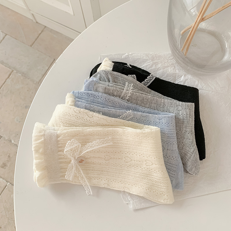 女性用レースリボンレースソックス、夏用薄手バレエスタイルミッドカーフソックス、小さな革靴付きラブメッシュパイルソックス|undefined