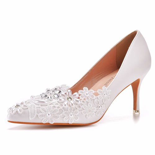 7 cm pointed high heel white lace shoes singers wedding party shoes for wome Wedding party host singers Shoes lace beaded flower bridesmaid wedding shoes