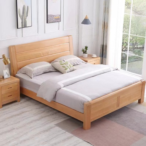 Beech wood solid bed 1.8 meters modern minimalist 1.5 meters master double bed with storage high box bed in natural wood color large wedding bed