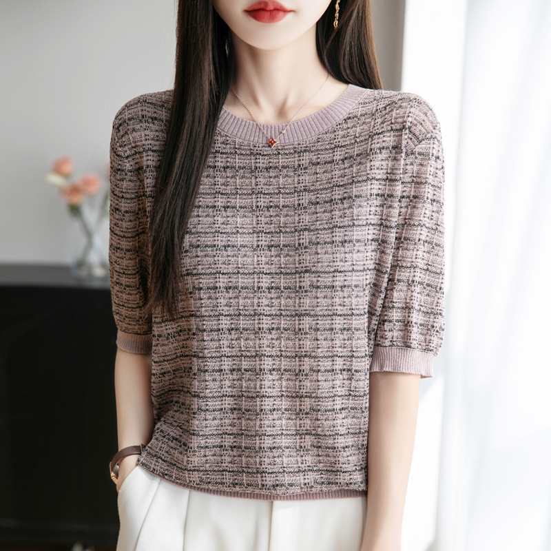 Color-Blocked Pullover Loose Bottoming Shirt Top 2025 Retro Glitter Tencel Round Neck Knitwear Short-Sleeved T-Shirt for Women