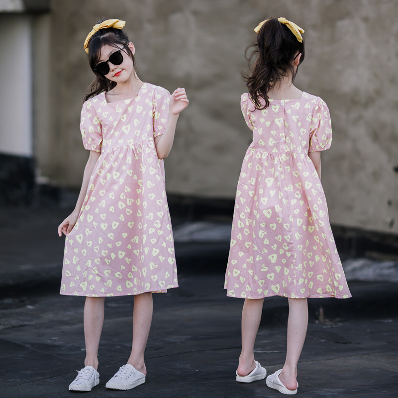 Vestido de niña estilo coreano 2024 verano, nueva ropa infantil elegante, vestido infantil de algodón puro estampado, transpirable y delgado.