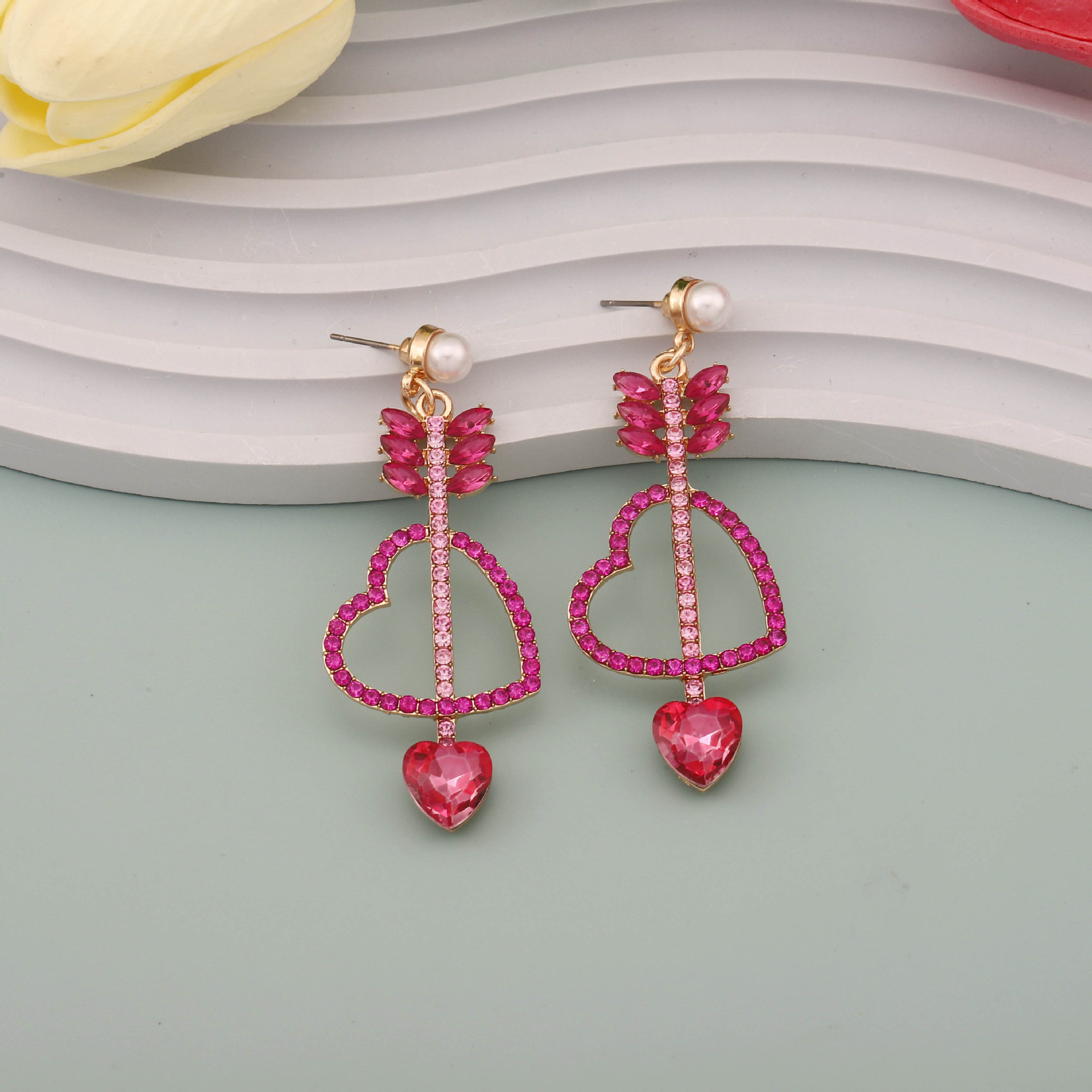 1 Pair Quantity 1 Pair Lady Heart Shape Inlay Imitation Pearl Zinc Alloy Artificial Rhinestones Drop Earrings