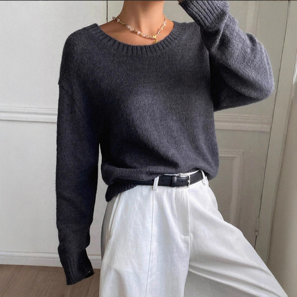 Pull en maille épaisse à col rond, style décontracté, manches longues, gris, idéal pour l'hiver._voghion.com