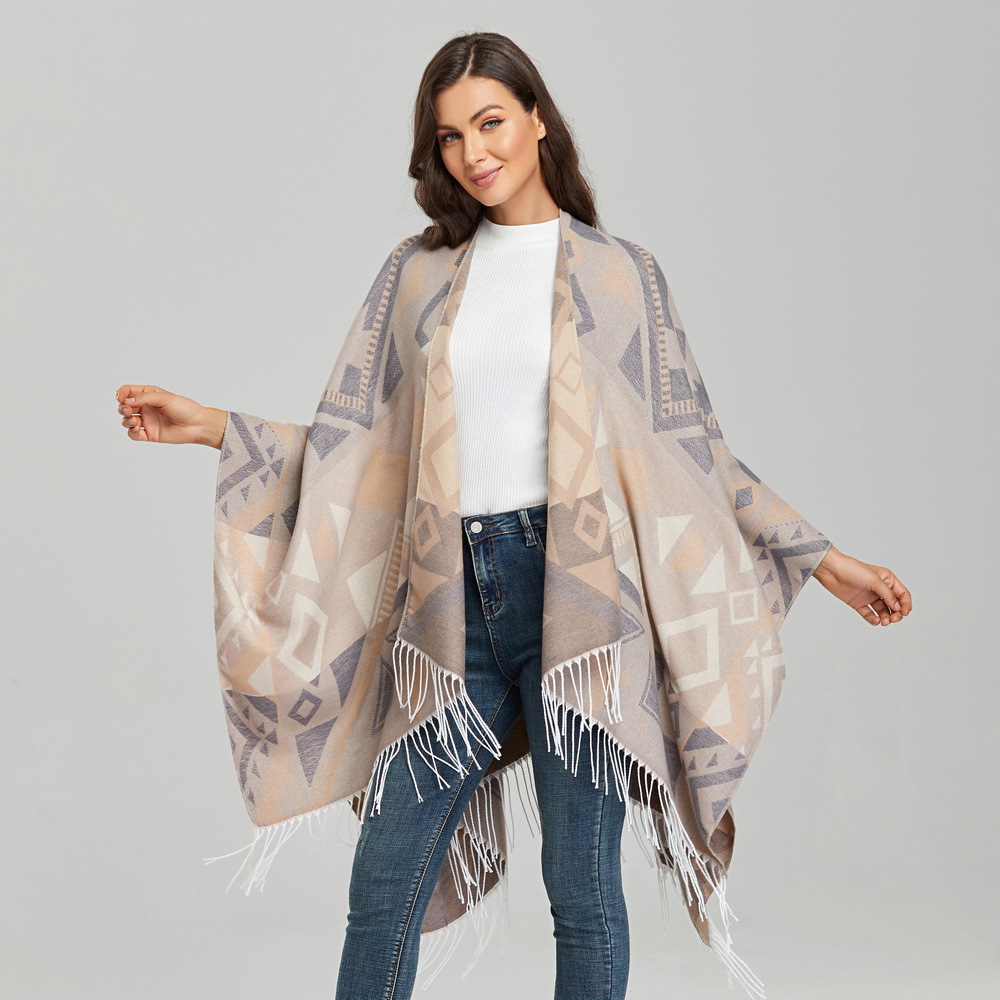 Off-the-shelf women's tassel slit shawl cape double-sided imitation cashmere thickened warm large cloak blanket cross-border only