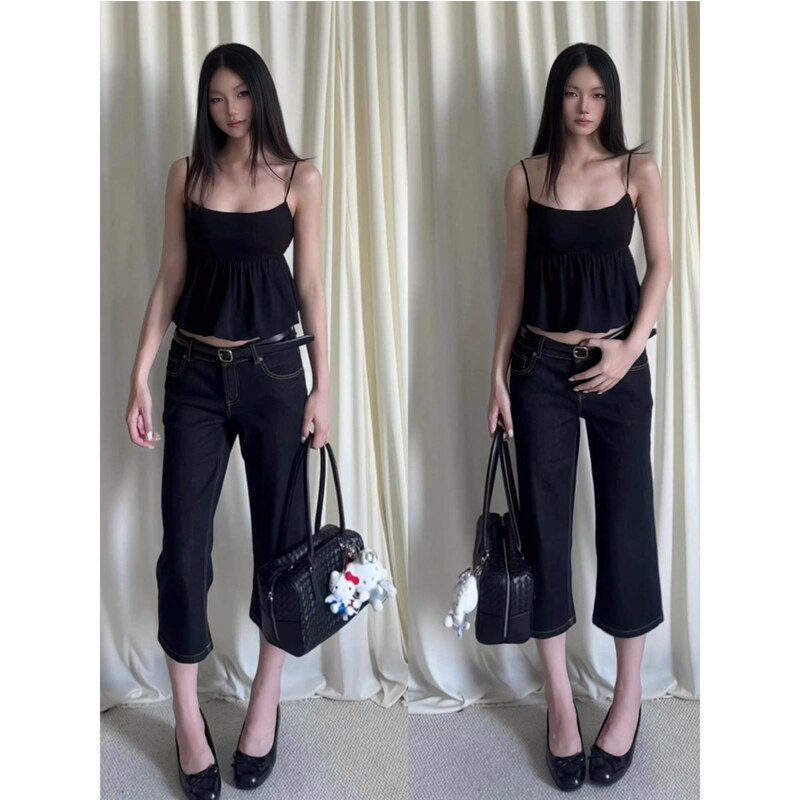 European and American style black low-waist denim shorts for women, new summer slim-fit, slimming, slightly flared straight cropped pants European and American style black low-waist denim shorts for women, new summer slim-fit, slimming, slightly flared straight cropped pants