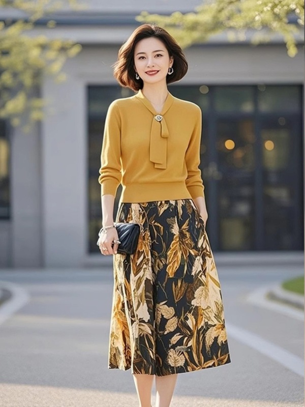 巨好看的套装裙秋冬新款系带毛织针织碎花裙两件套装女2025春秋|undefined