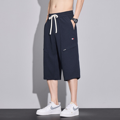 Summer thin straight-leg casual pants for men, elastic versatile business fashion slimming ice silk mid-calf pants for men, five-inch