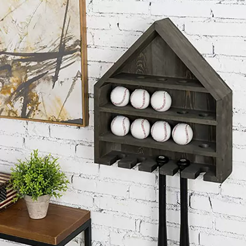实木棒球收纳架复古壁挂高尔夫球整理架多层置物架棒球棒展示架