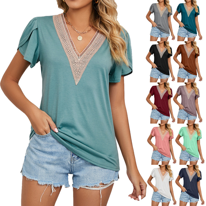 Amazon 2025 Europe and the United States cross-border foreign trade spring and summer new gold lace V-neck tile short sleeve solid color T-shirt jacket Amazon 2025 Europe and the United States cross-border foreign trade spring and summer new gold lace V-neck tile short sleeve solid color T-shirt jacket