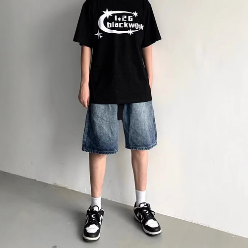 American-style washed denim shorts for men, summer trendy brand, Hong Kong-style retro loose casual wide-leg five-pocket pants