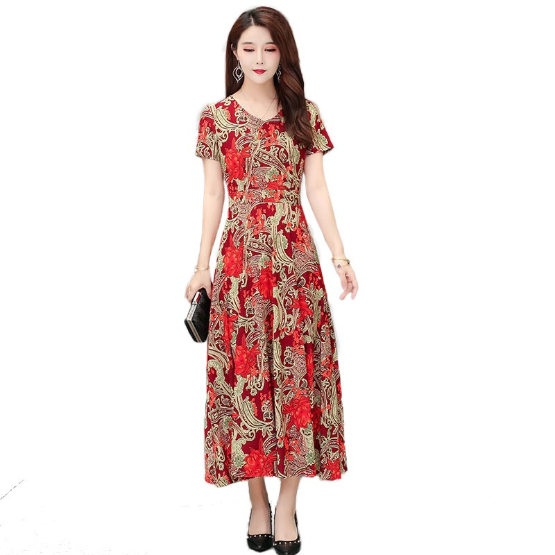 外国貿易の人気の中高年の婦人服のワンピースの2023夏の大きいサイズはゆったりしていて、やせている気質の半袖のワンピースを現します。