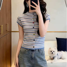 撞色条纹短袖恤女2026新款夏季大码胖修身显瘦气质针织衫上衣