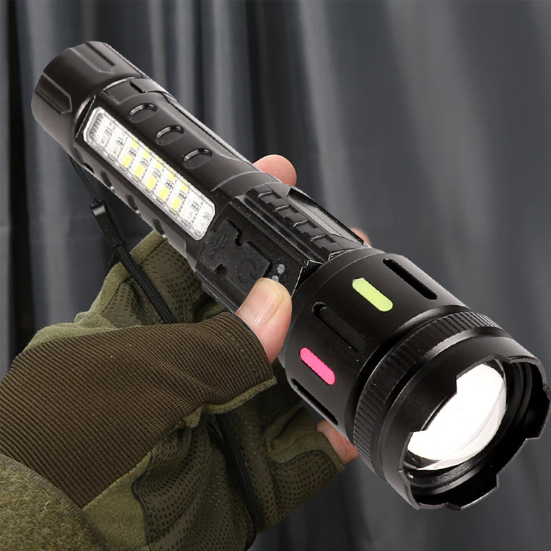 Cross-actualizado al aire libre noche pescando linterna láser blanca luz intensa larga duración de la lámpara lateral cob advertencia linterna de zoom fluorescente