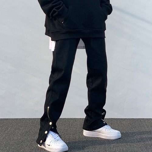 Men's Black High Street Pants, Ins Hip-Hop Trendy Tapered Zipper Split Button Denim Streetwear Brand Casual Straight Leg Pants