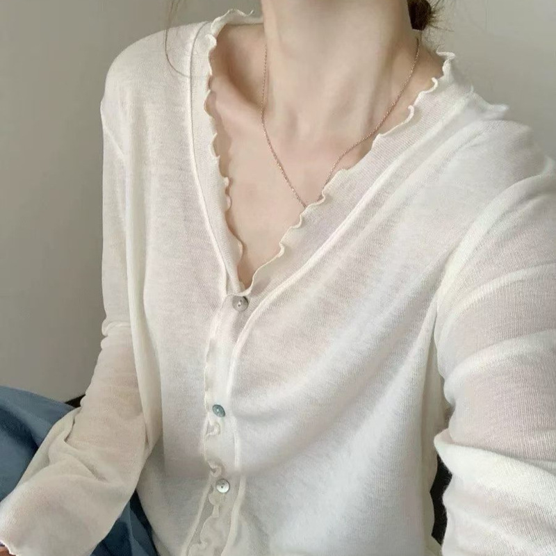 Korean-Style Ruffled V-Neck Knit Cardigan for Women, Sheer Sun-Protective Top, Gentle and Versatile Summer Button-Up Air Conditioning Shirt