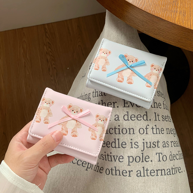 简约蝴蝶结短款女士钱包小清新可爱三折素色学生零钱夹卡包wallet|undefined